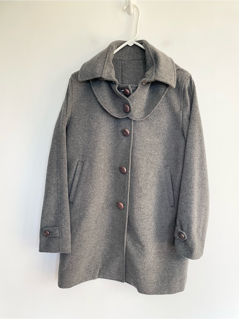 Weber Lambs Wool Coat Gray Button Down Removeable Hood Made in Italy Womens 42